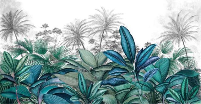 Design file showing detailed blue-green tropical palm and banana leaf pattern