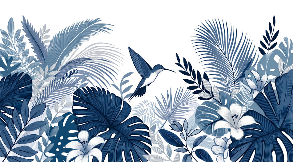 Blue Tropical Wallpaper with hummingbird and monstera leaves creating a peaceful atmosphere in a modern living room