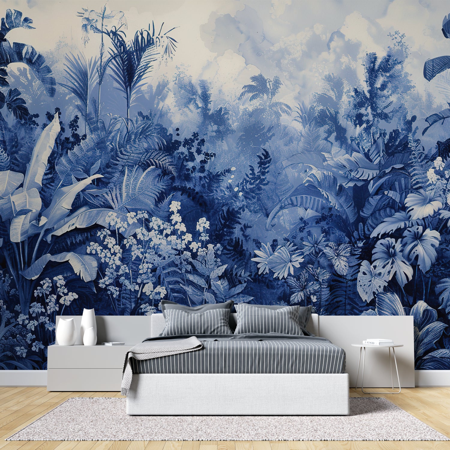 Tropical wallpaper in blue tones making a dining room feel larger