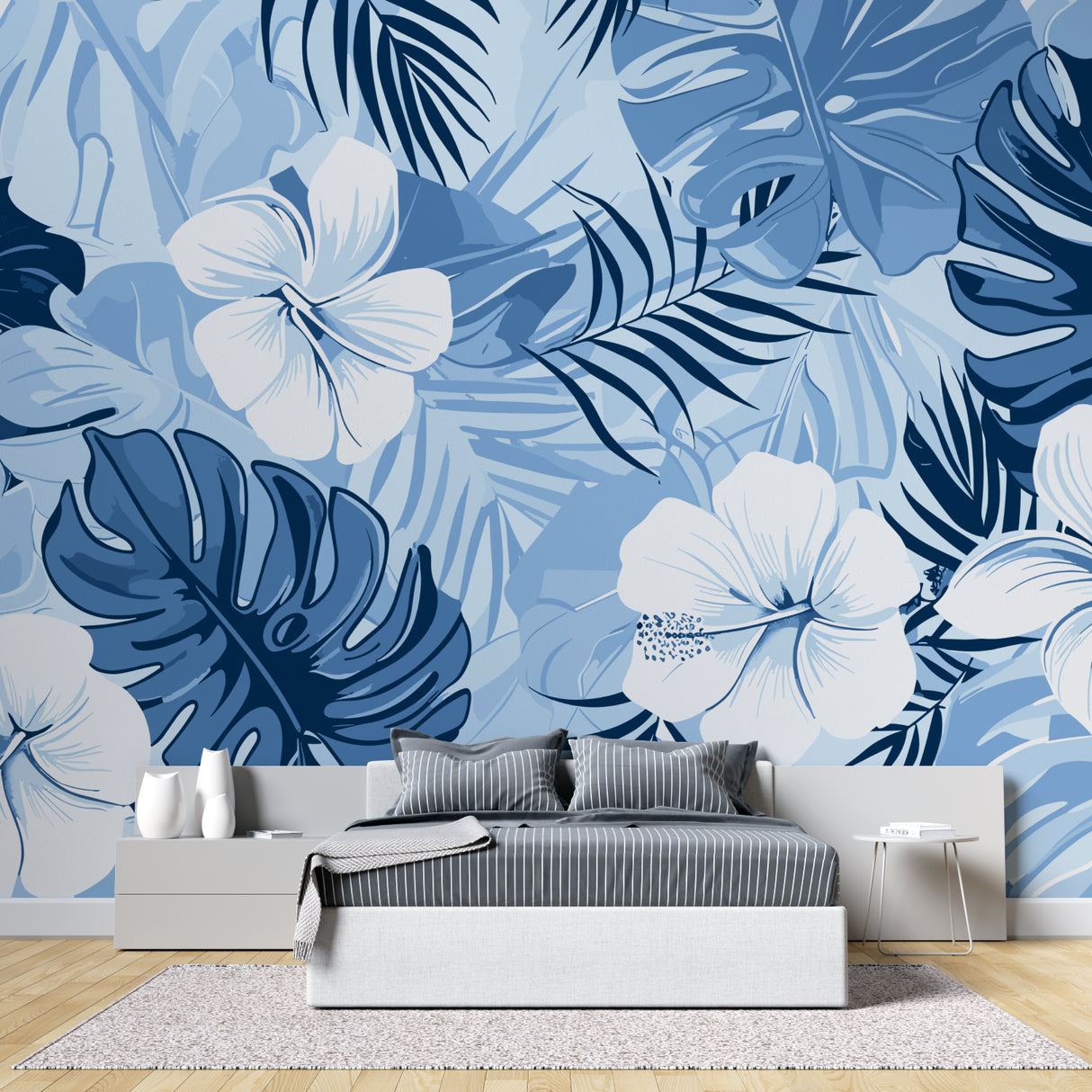 Tropical blue wallpaper creating calm atmosphere in master bedroom