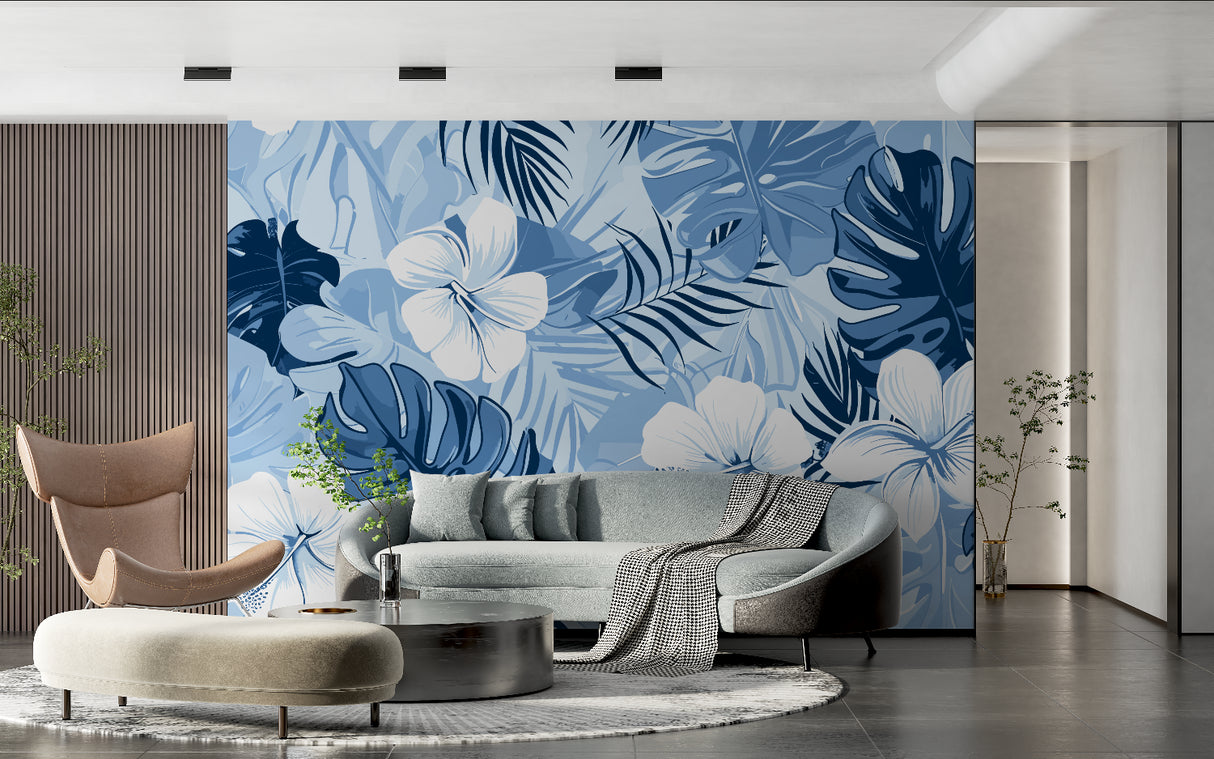Blue Monstera leaf pattern transforming home office space