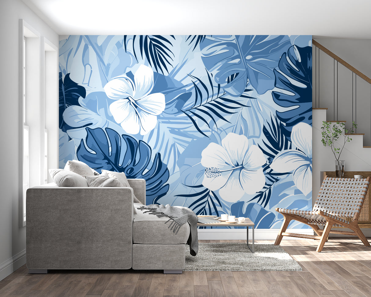 Tropical wallpaper featuring blue Monstera leaves in dining room setting