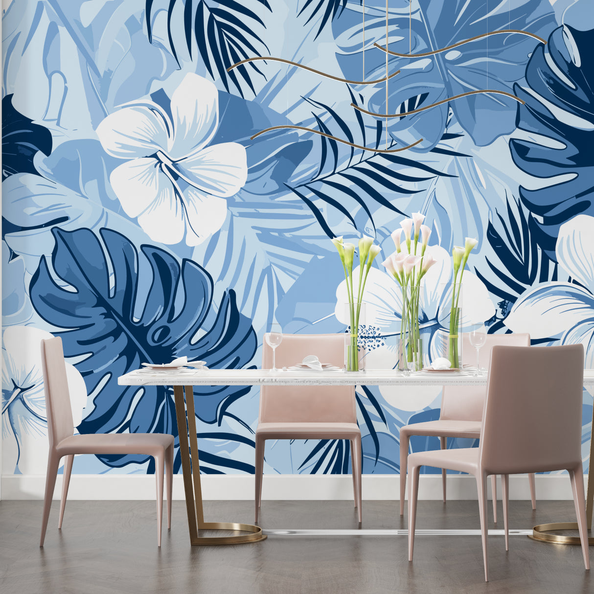 Blue botanical wallpaper adding depth to bathroom walls