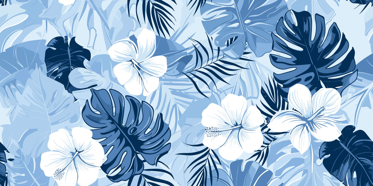 Blue Monstera and Hibiscus pattern design file showing intricate tropical leaf details