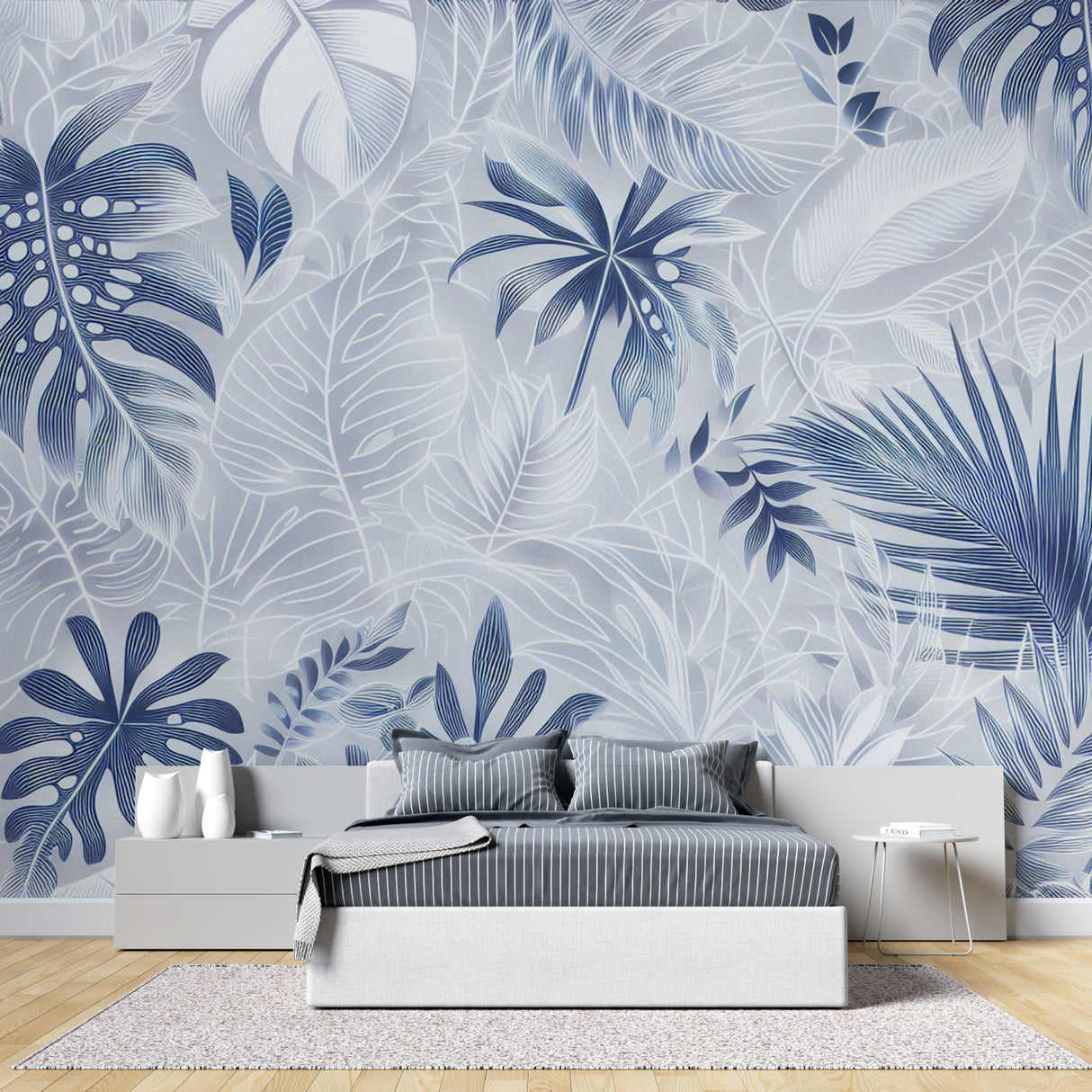 Blue Monstera leaf wallpaper in modern living room creating a fresh tropical atmosphere
