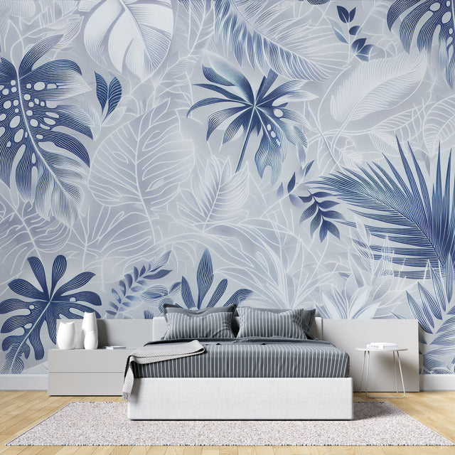 Blue Monstera leaf wallpaper in modern living room creating a fresh tropical atmosphere