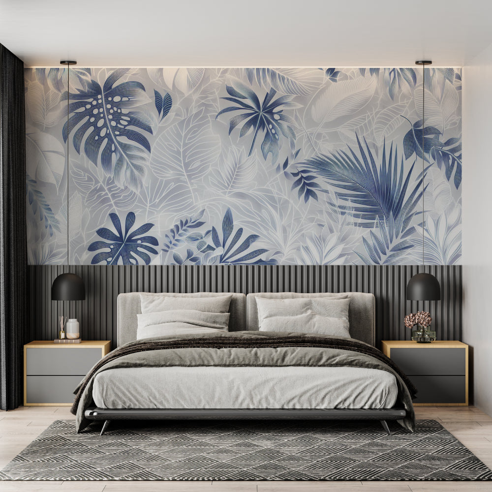 Tropical blue leaf mural in master bedroom showing calm botanical style