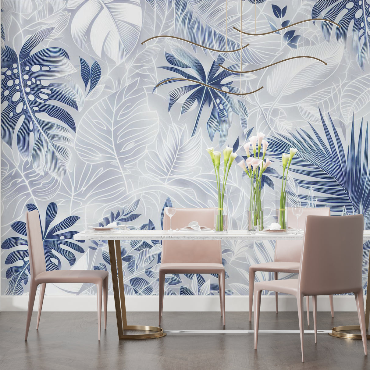 Modern home office with blue palm leaf wallpaper highlighting work space