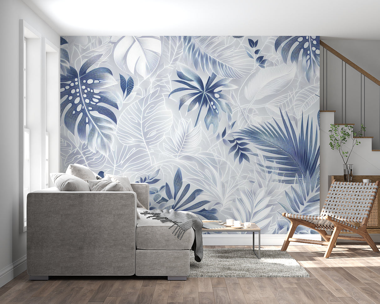 Blue botanical wallpaper in dining room creating elegant atmosphere