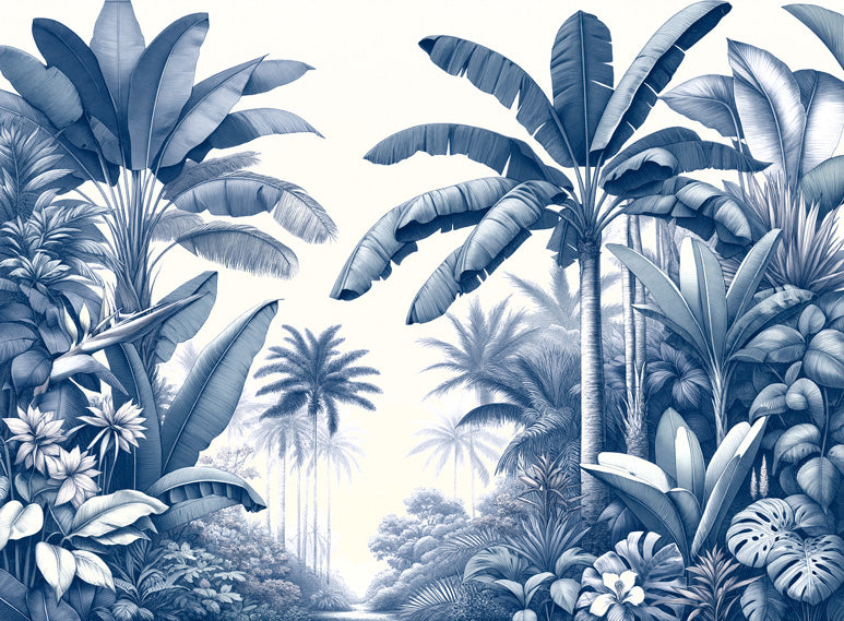 Tropical palm leaves design file showing detailed blue botanical pattern on white background