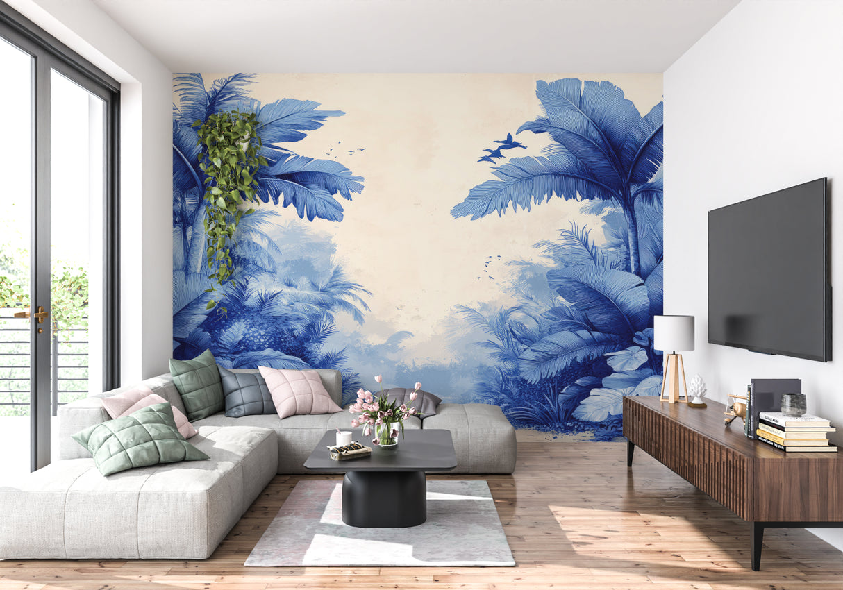 Tropical palm leaf wallpaper with blue fronds in modern living room showing scale and impact