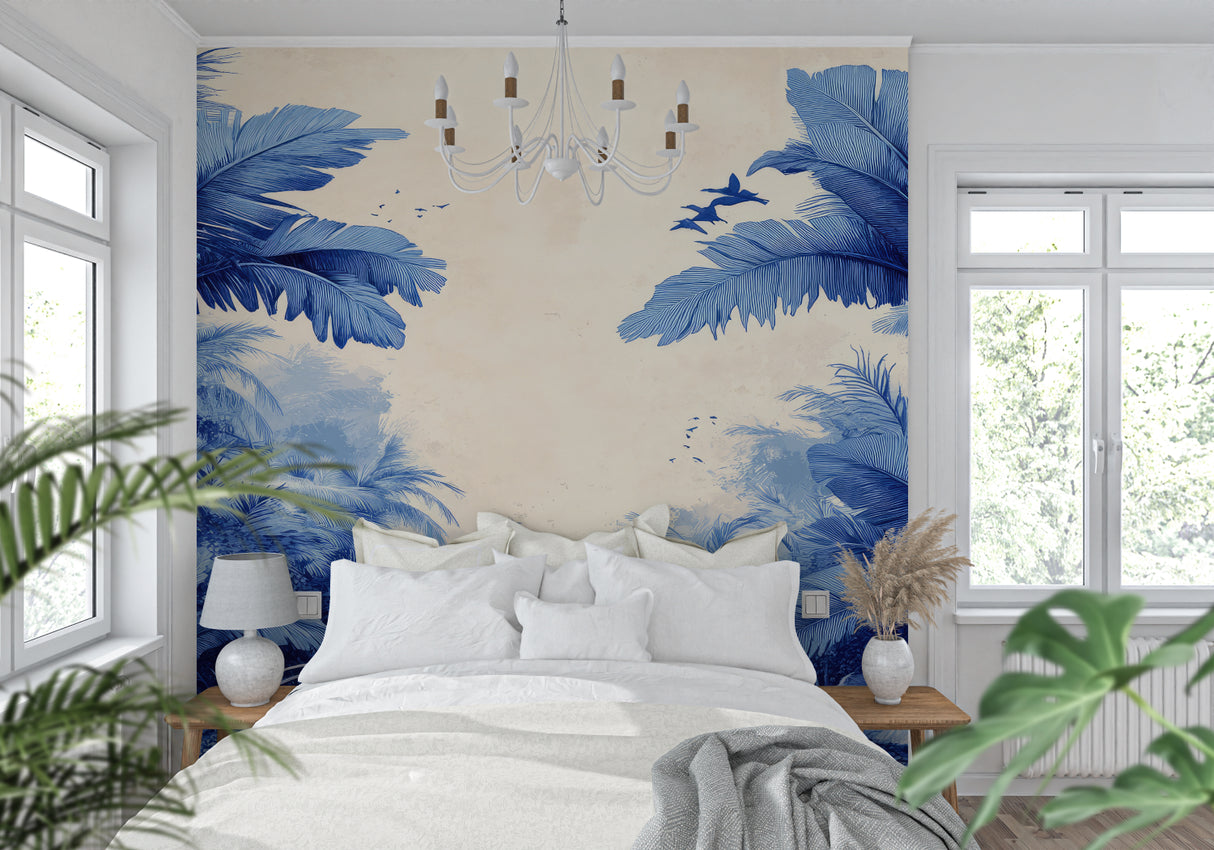 Blue palm mural with birds in master bedroom creating serene atmosphere