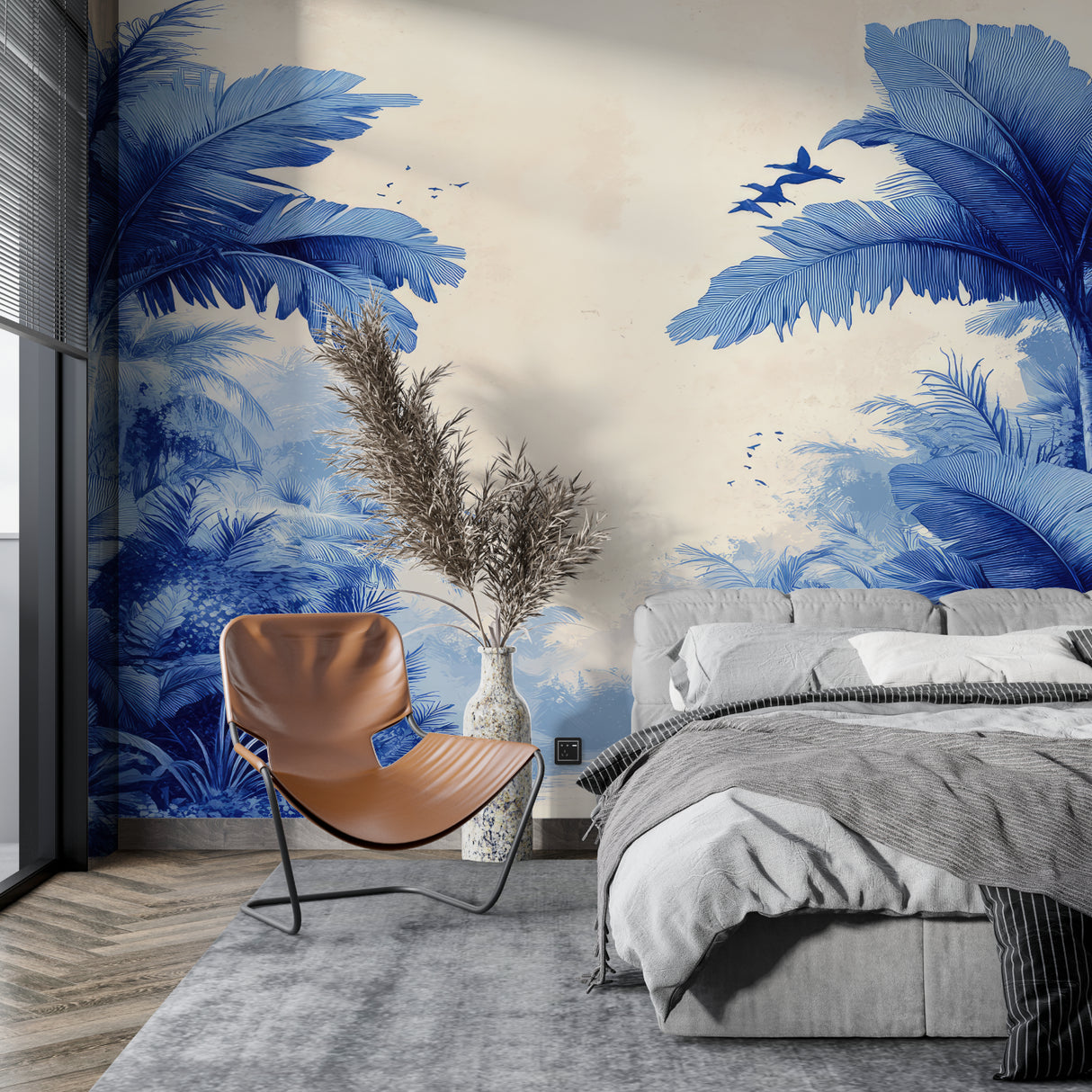 Tropical bird wallpaper in dining room showcasing blue palm design
