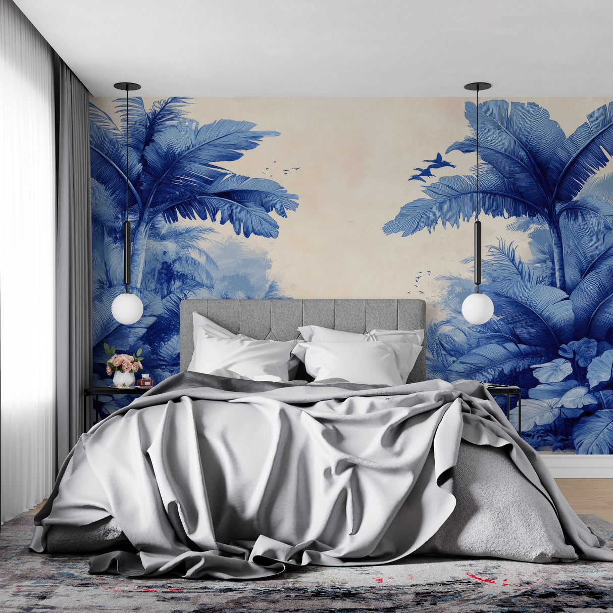 Palm leaf wall mural in home office displaying peaceful blue tones