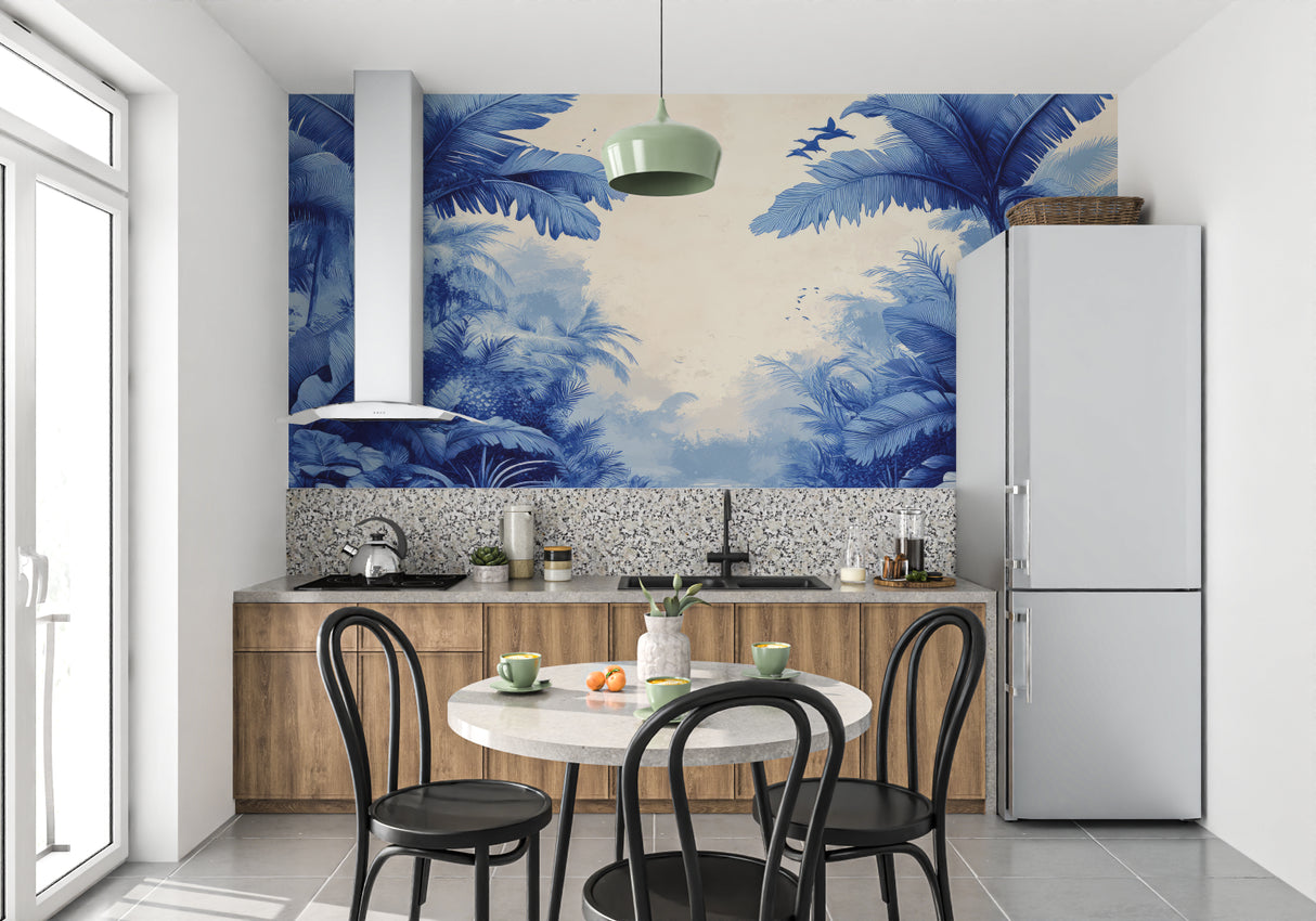 Exotic bird wallpaper in bathroom highlighting versatile placement