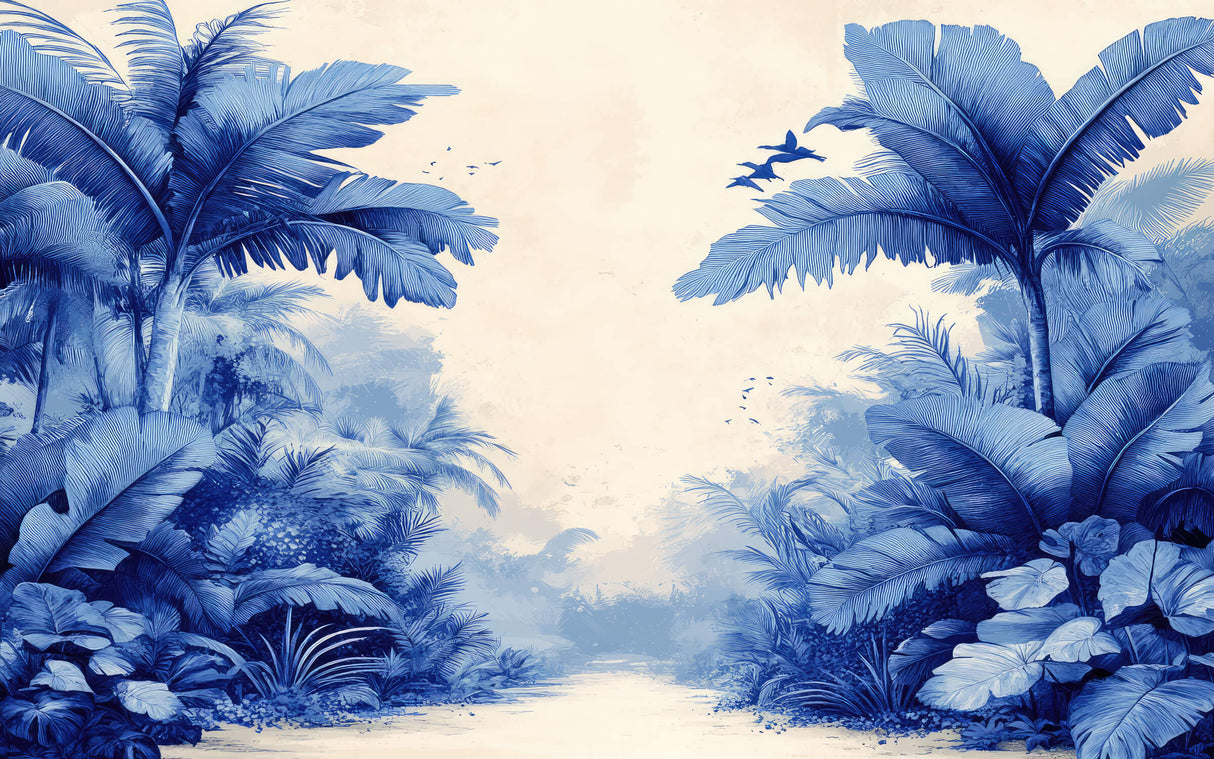 Design file of blue palm leaves and flying birds pattern showing intricate details