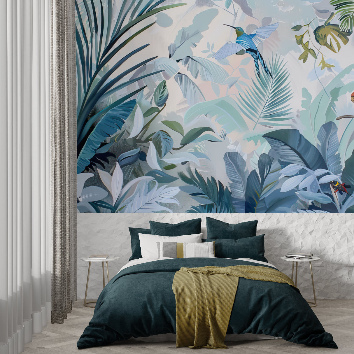 Tropical paradise wallpaper with blue palm leaves and hummingbird in a modern living room setting