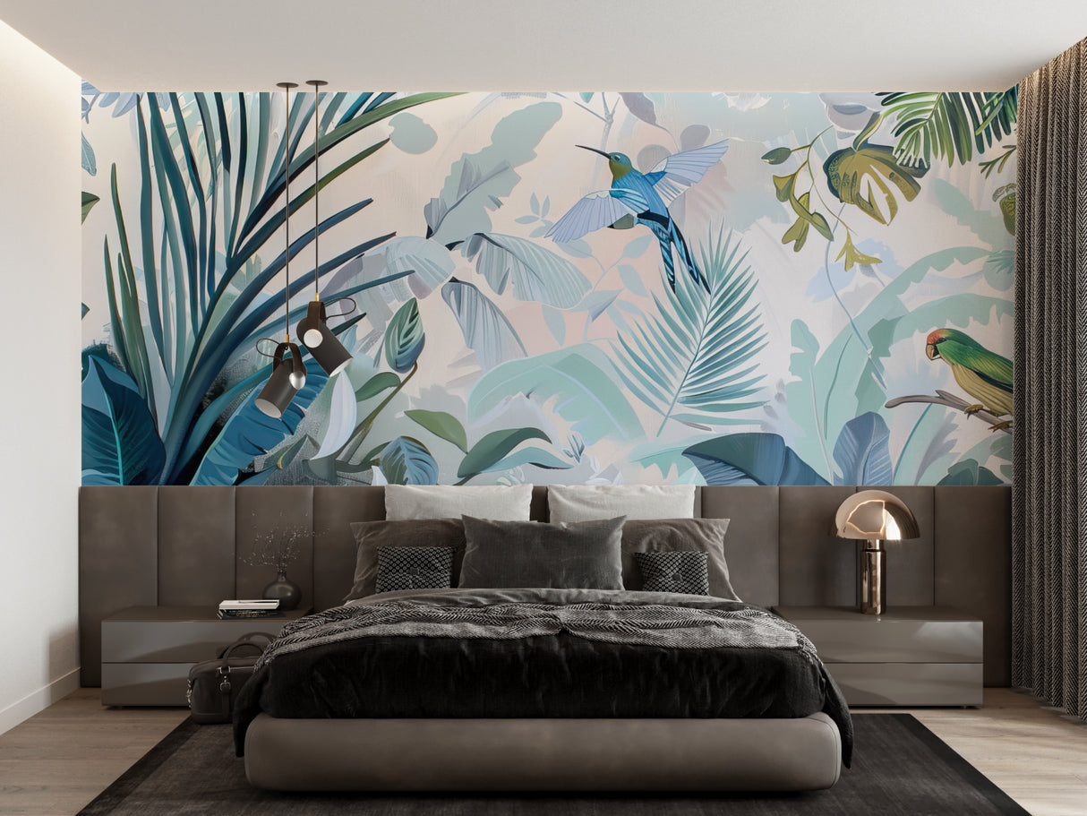 Blue tropical leaf wallpaper creating depth in a master bedroom