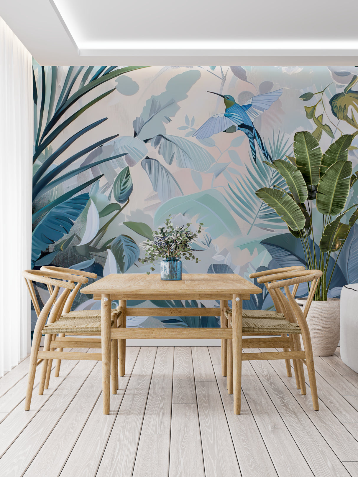 Hummingbird wallpaper mural bringing life to a home office space
