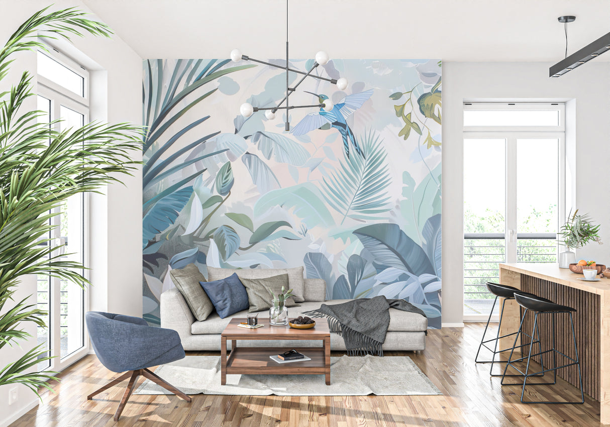 Tropical bird wallpaper transforming a dining room with blue palm leaves