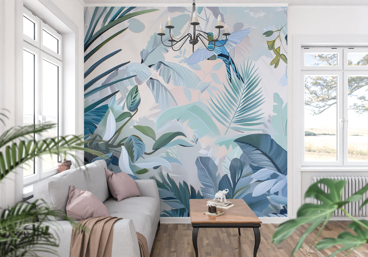 Blue palm leaf mural making a statement in an entrance hallway