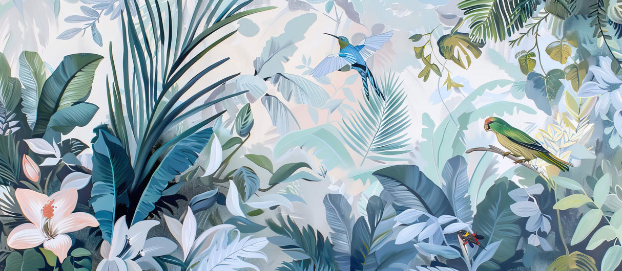 Design file showcasing detailed blue palm leaves and hummingbird pattern