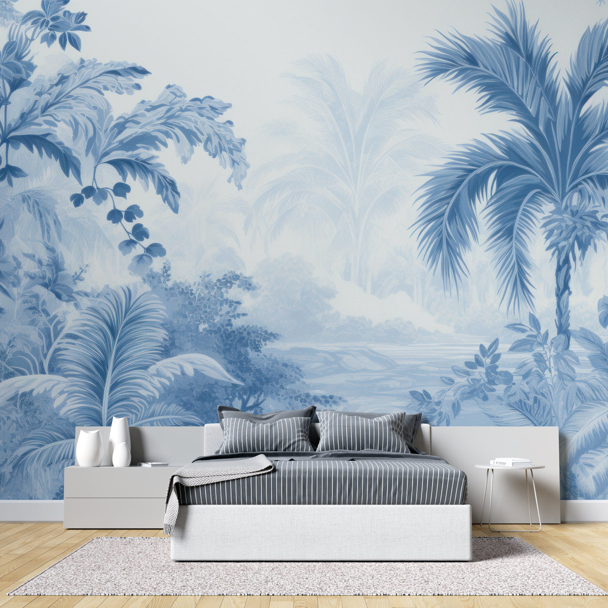 Tropical palm wallpaper in bright modern living room showing blue palm fronds creating depth