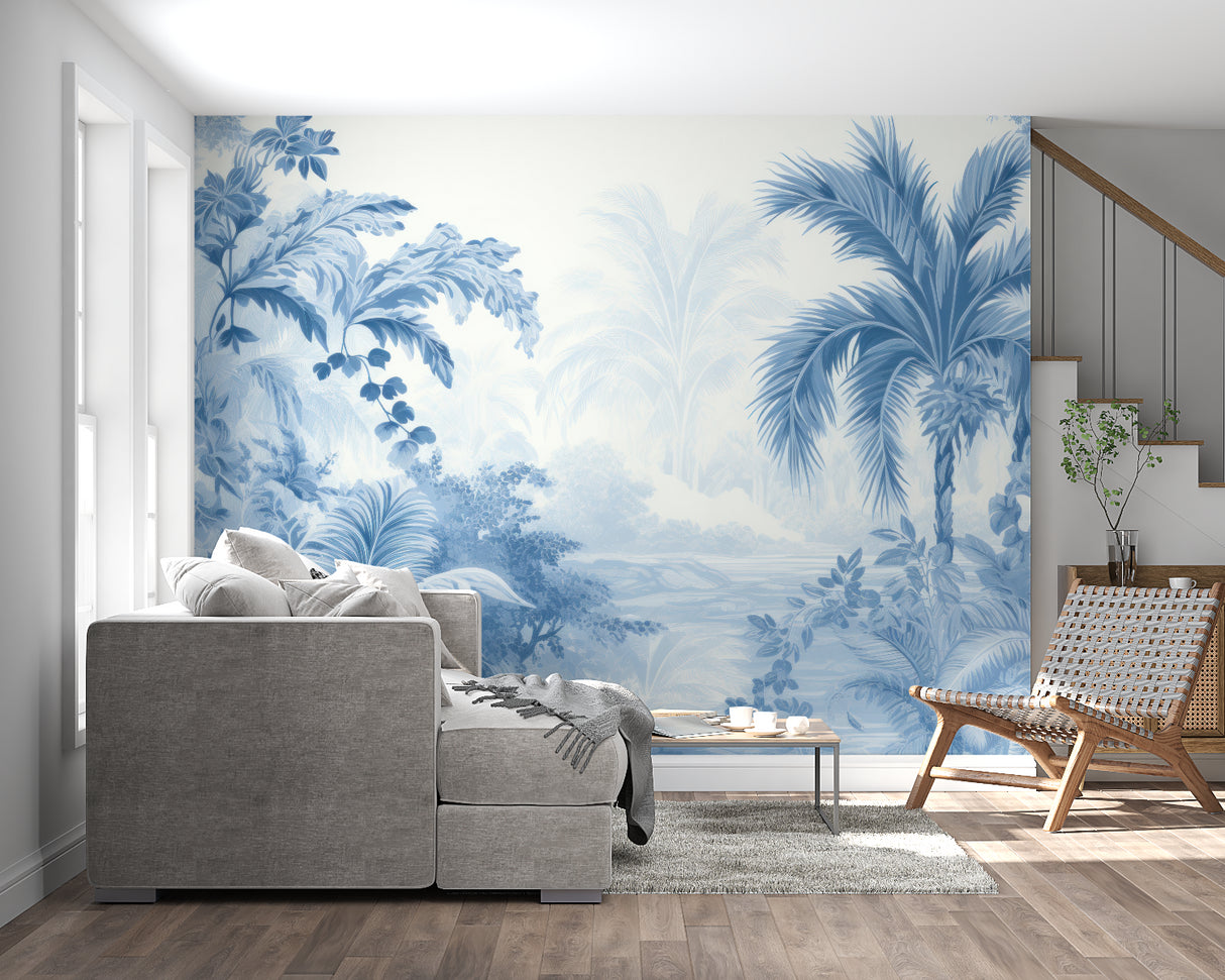 Blue tropical mural displayed in master bedroom with morning light