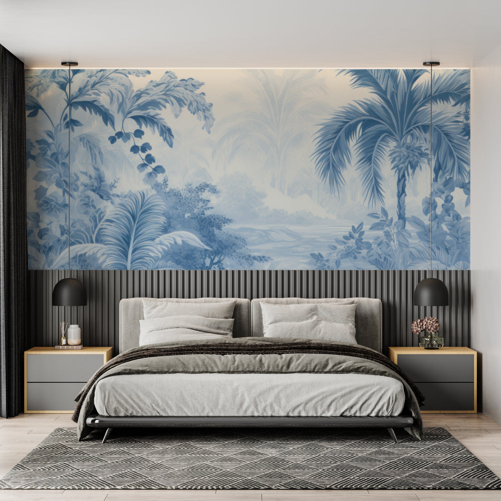 Blue palm wallpaper making statement in home office setting