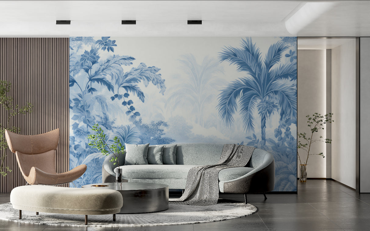 Tropical wall mural creating spa-like atmosphere in bathroom