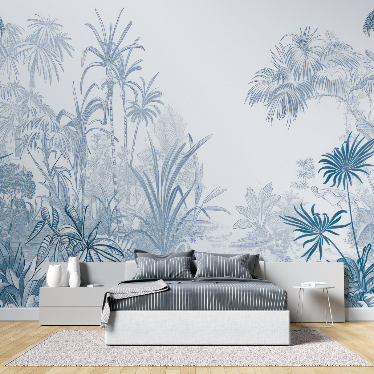 Blue palm tree line art wallpaper in modern living room with white sofa and natural light