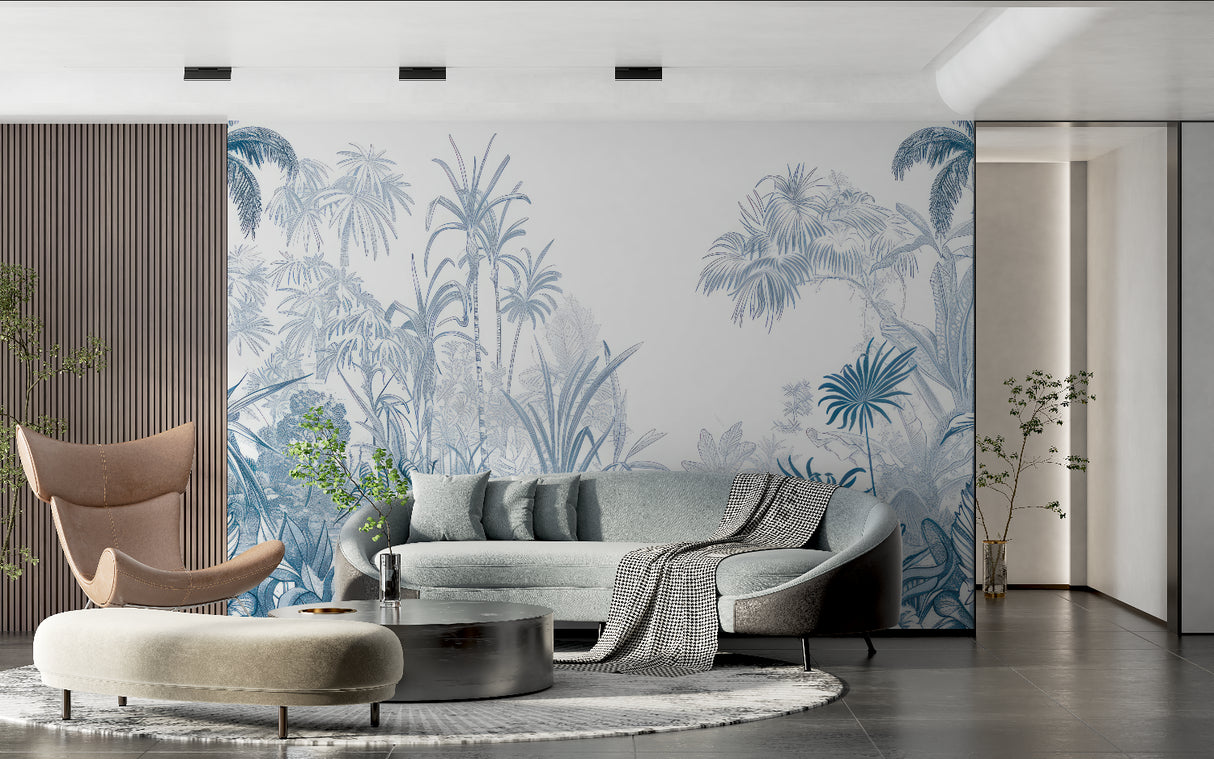 Blue line art palm mural in coastal style dining room