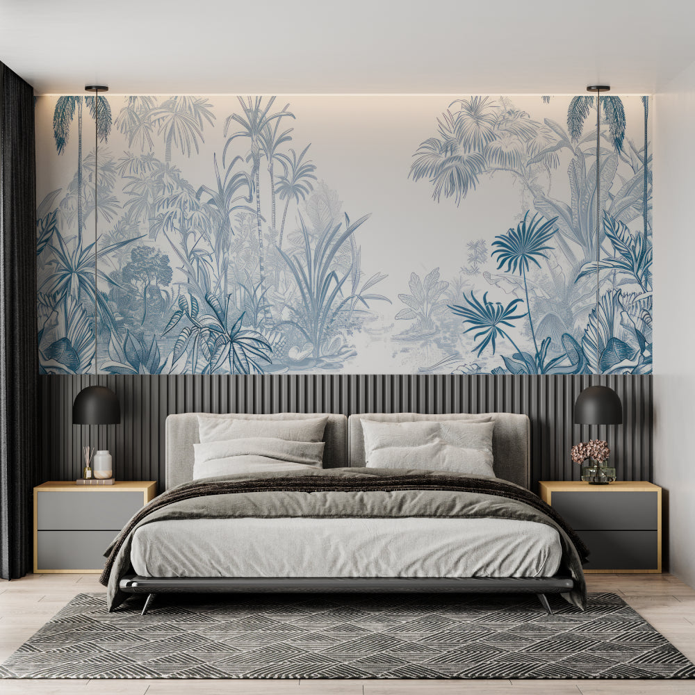 Palm tree wallpaper bringing beach vibes to home office space