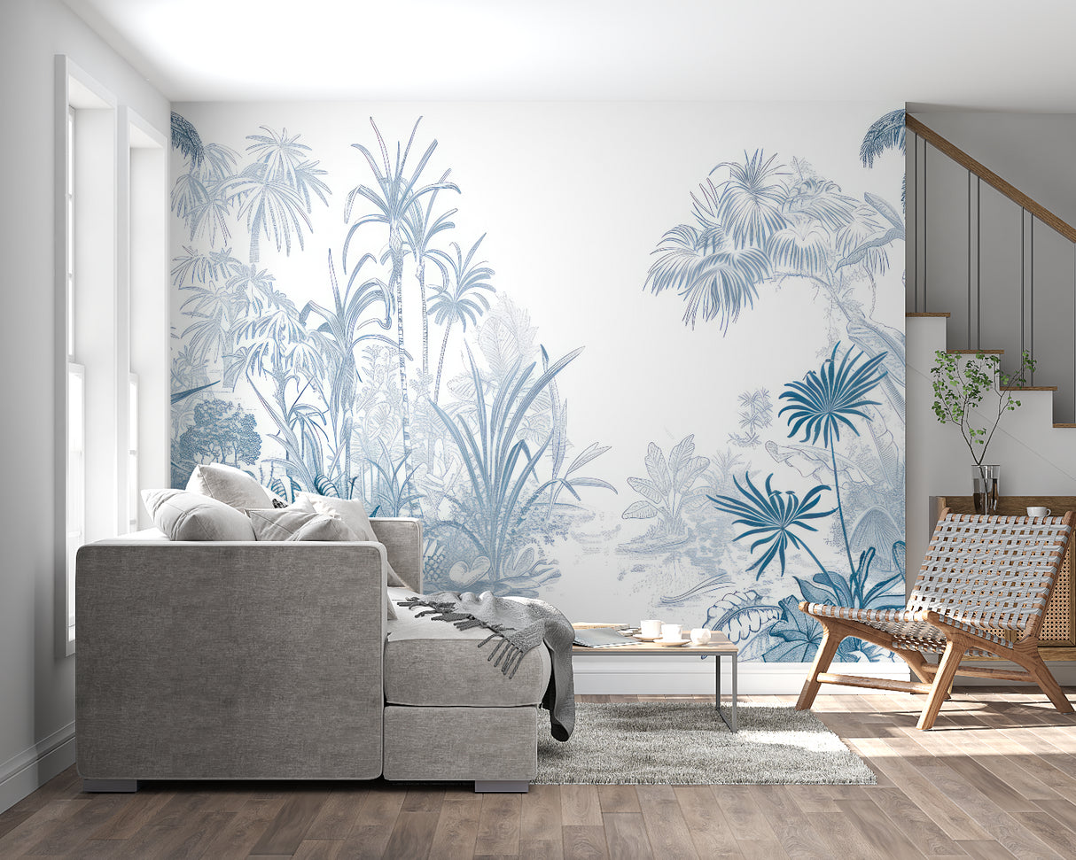 Tropical blue palm mural in minimalist bathroom setting