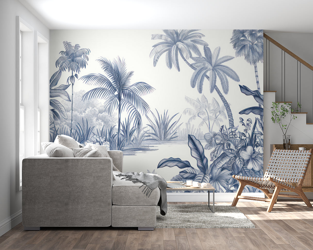 Tropical palm tree wallpaper in modern living room showing blue paradise design creating peaceful coastal atmosphere