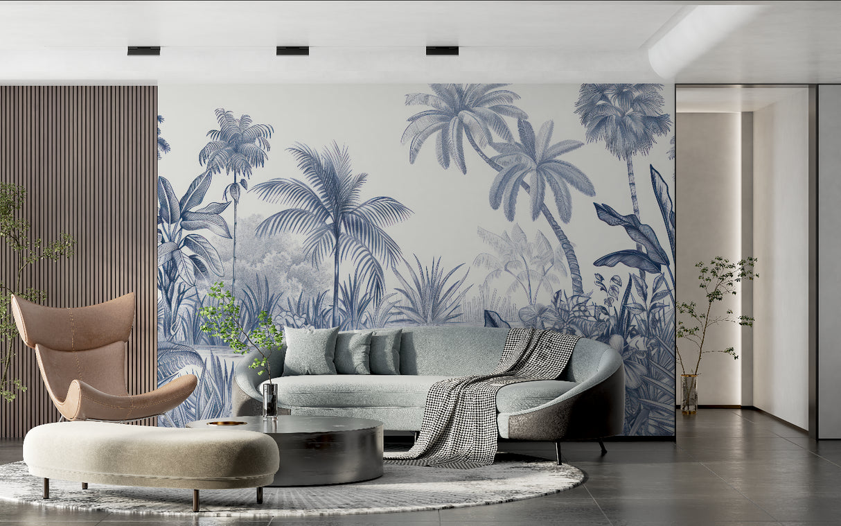 Blue palm trees mural in master bedroom featuring serene tropical paradise theme