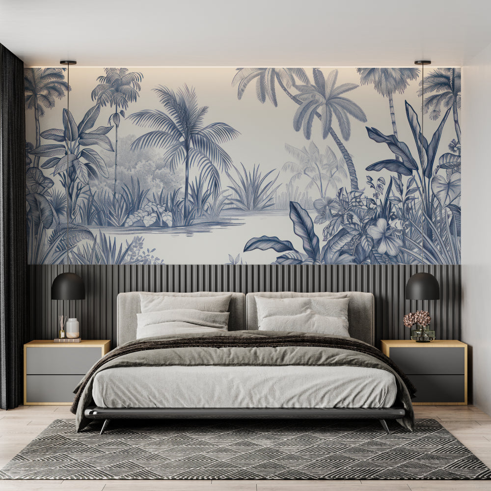 Tropical paradise wallpaper showcased in bright home office with blue palm design