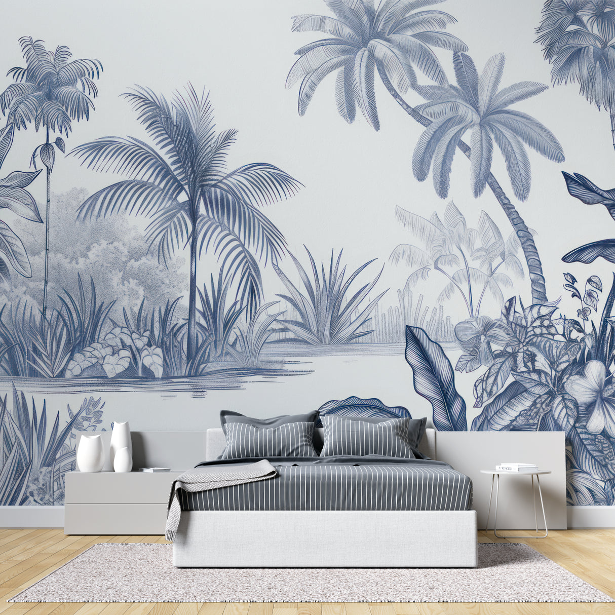Palm tree wall mural in dining room displaying elegant blue tropical theme
