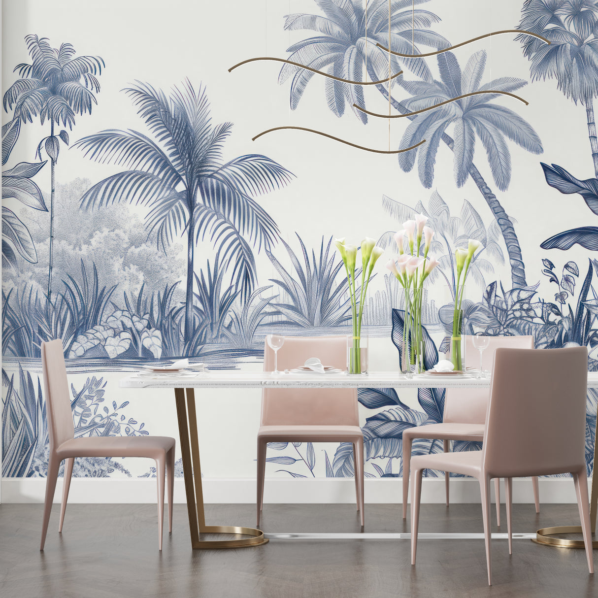 Blue tropical wallpaper creating beach vibes in modern bathroom setting
