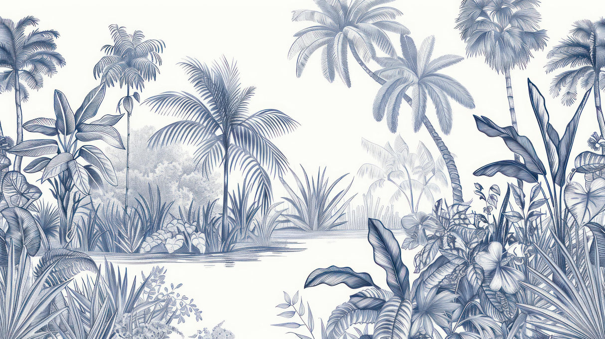 Tropical paradise design file showing detailed blue palm trees pattern on white background