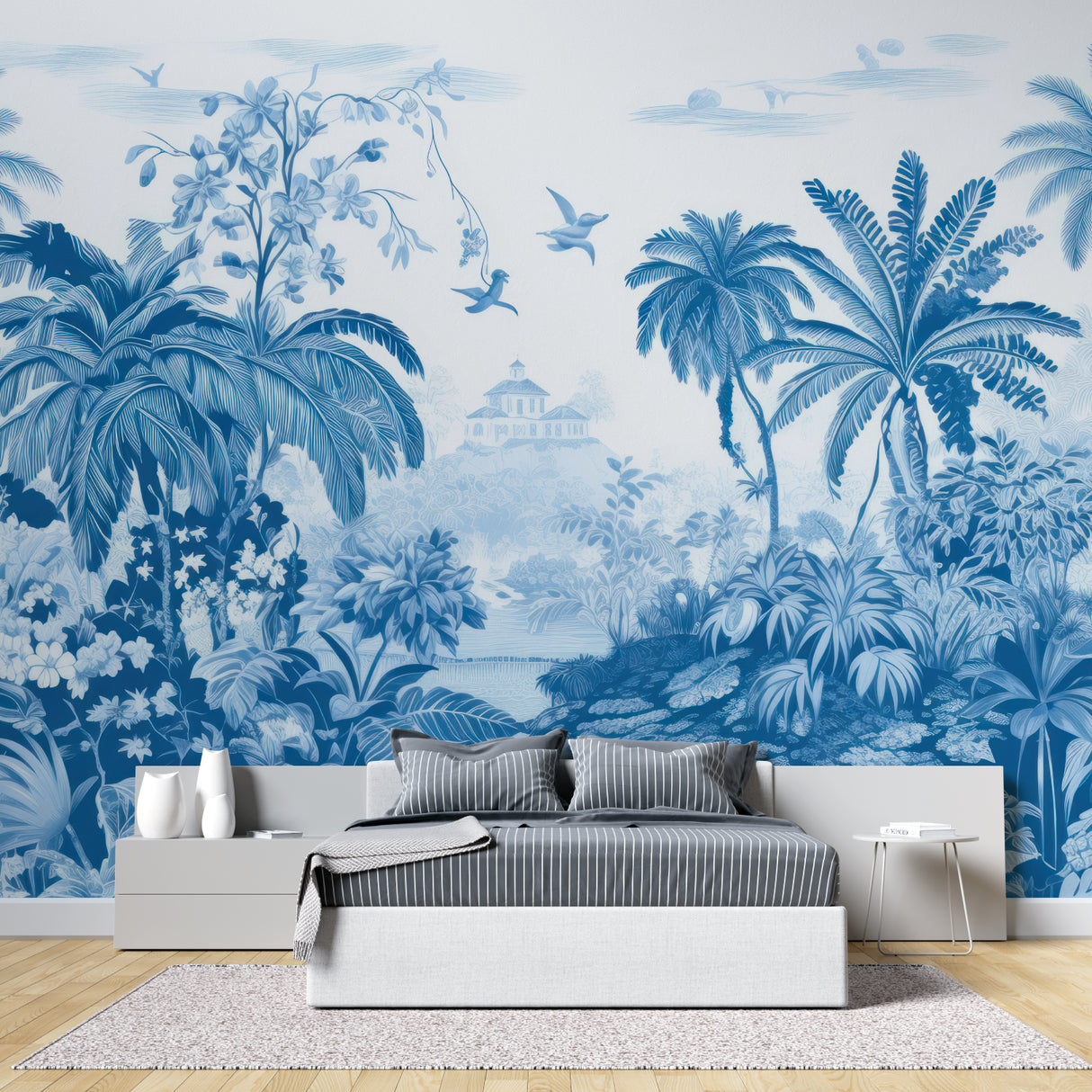 Tropical paradise wallpaper in modern living room showing blue palm trees and colonial house design