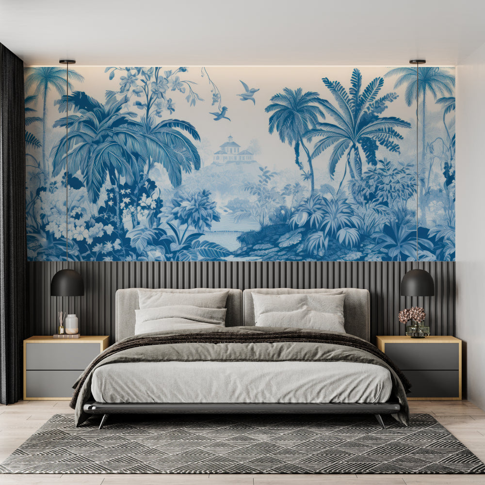 Blue tropical mural wallpaper featured in master bedroom creating serene atmosphere