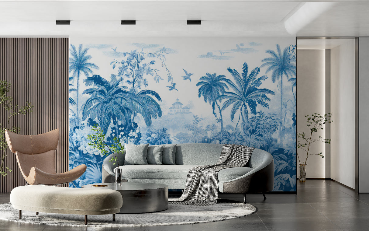 Palm tree wallpaper mural in dining room with blue monochromatic design