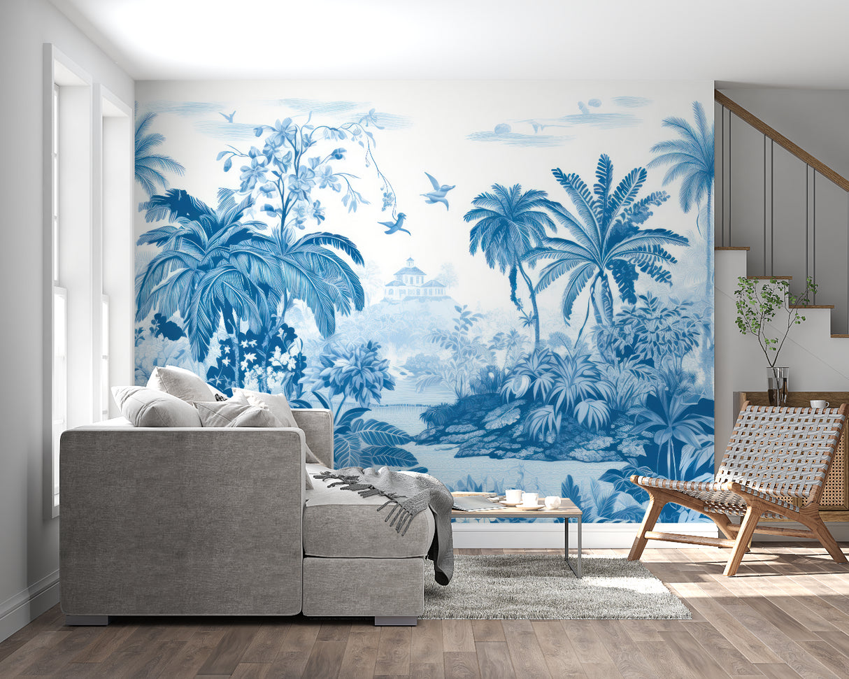 Tropical paradise wall mural showcased in home office with blue palm pattern