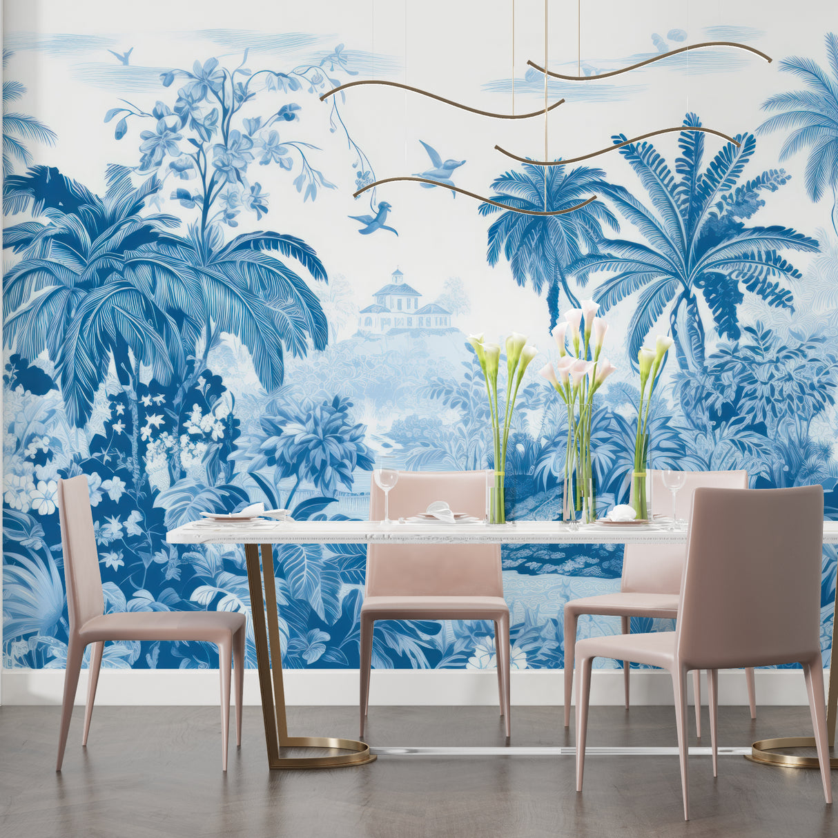 Blue palm tree mural adding depth to hotel lobby entrance