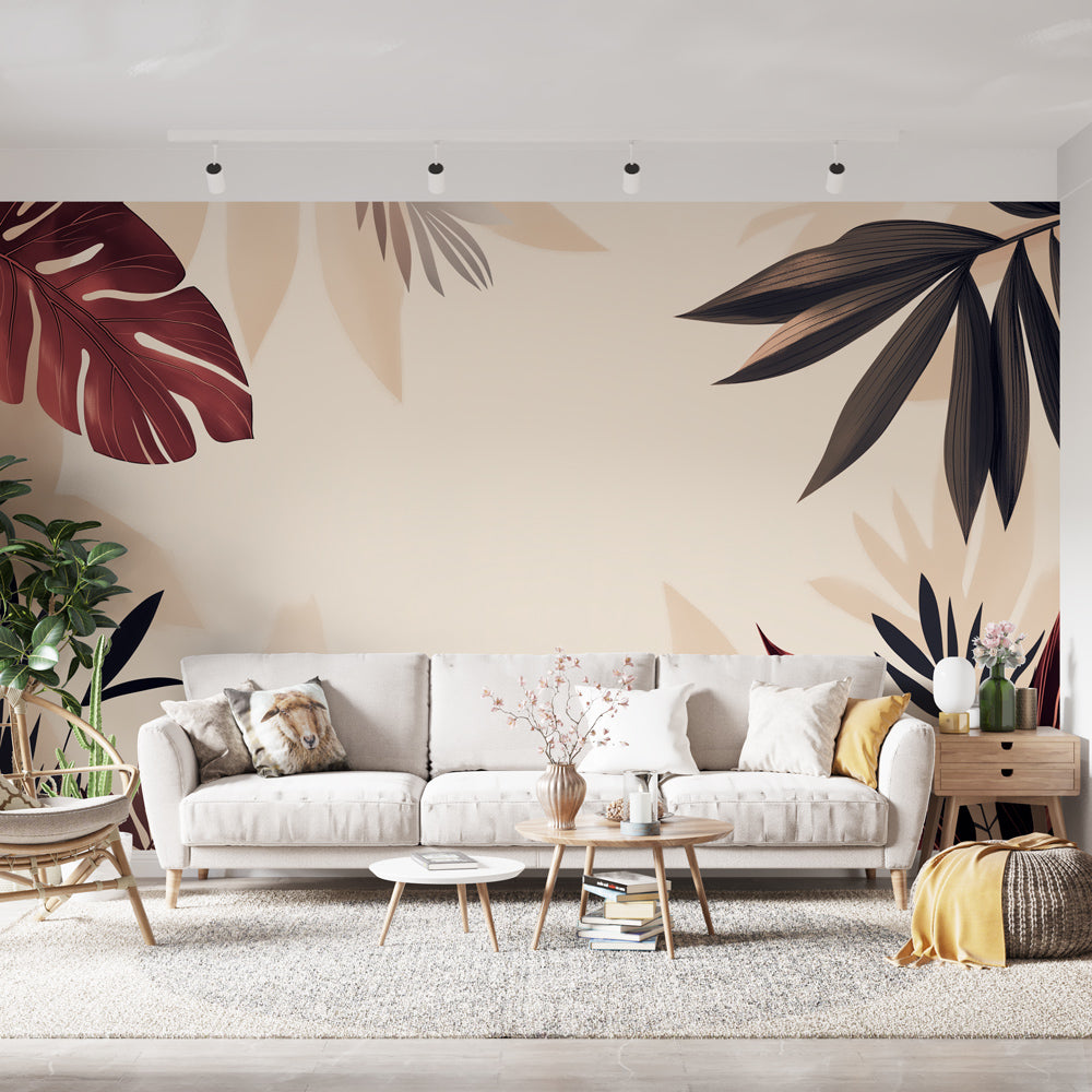Tropical leaf mural wallpaper with burgundy and black leaves creating a stunning accent wall in a modern living room