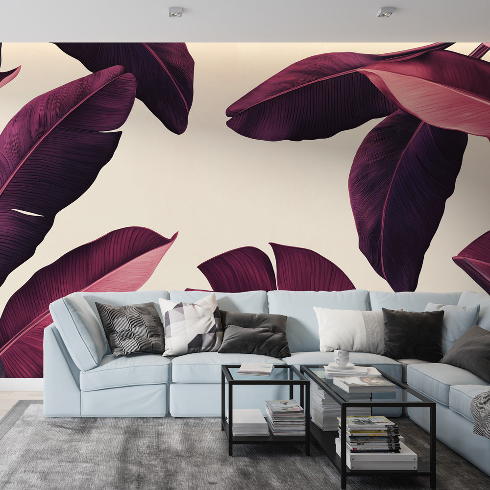 Burgundy tropical leaf wallpaper creating a cozy atmosphere in a modern dining room with gold accents