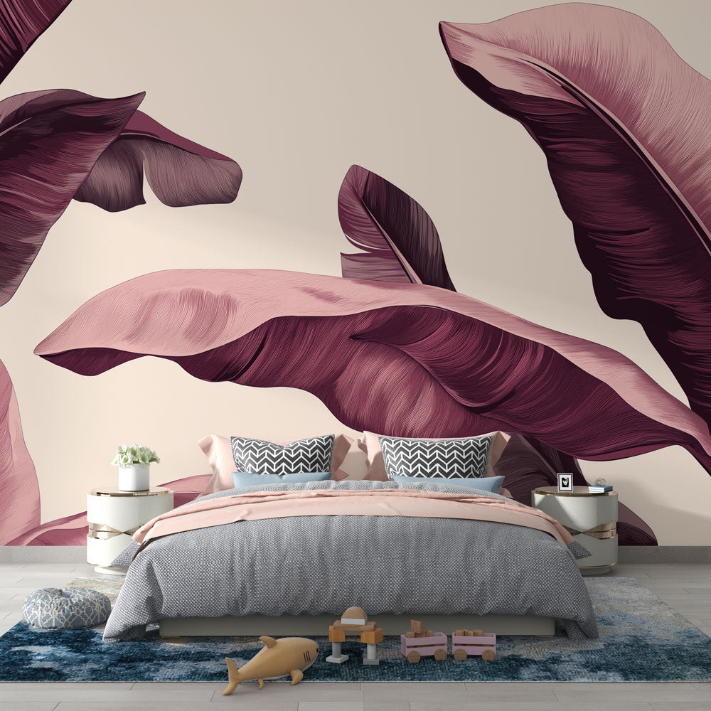 Burgundy palm leaves wallpaper mural creating a dramatic focal point in a modern living room with soft lighting