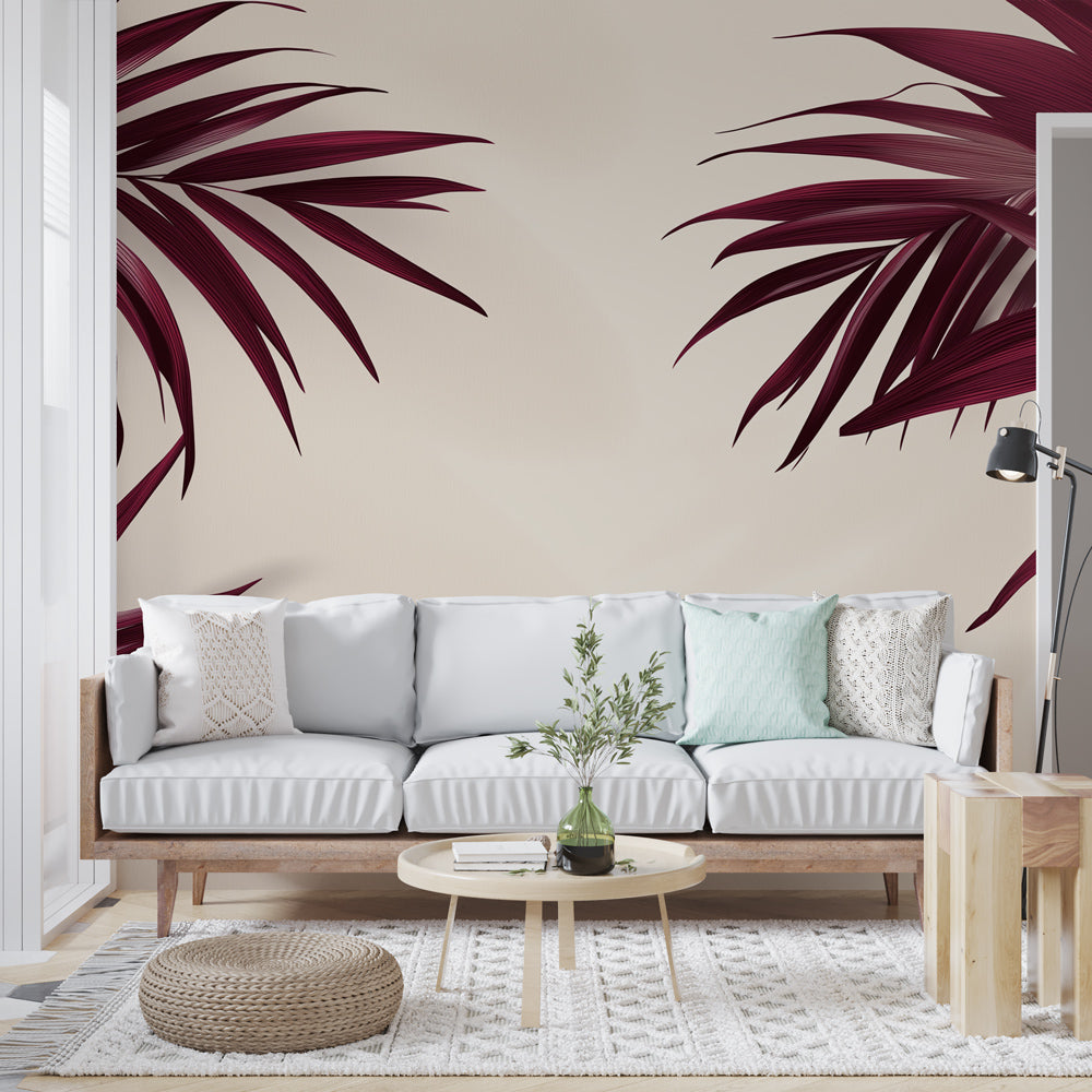 Burgundy palm leaf wallpaper creating a sophisticated atmosphere in a modern living room with neutral furniture