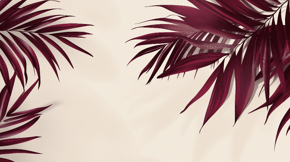 Tropical palm leaves design file showing deep burgundy fronds on beige background